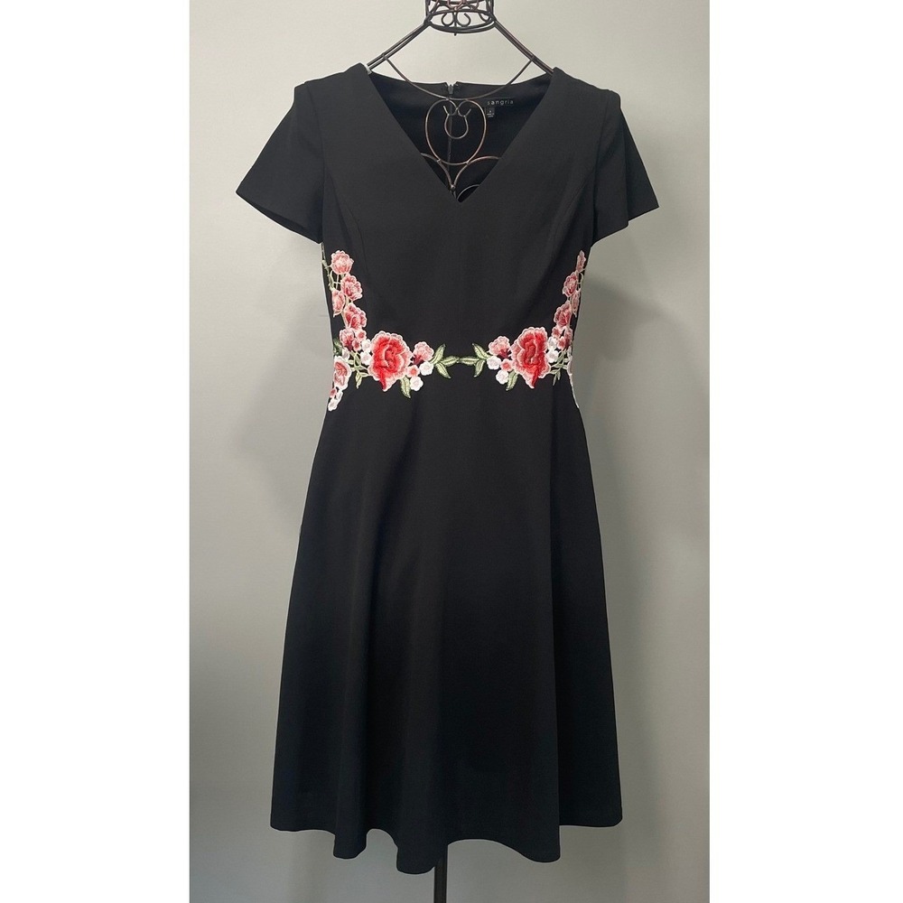 Sangria Black Floral Embroidered Fit & Flare Cocktail Dress Size 8 A-Line V-neck